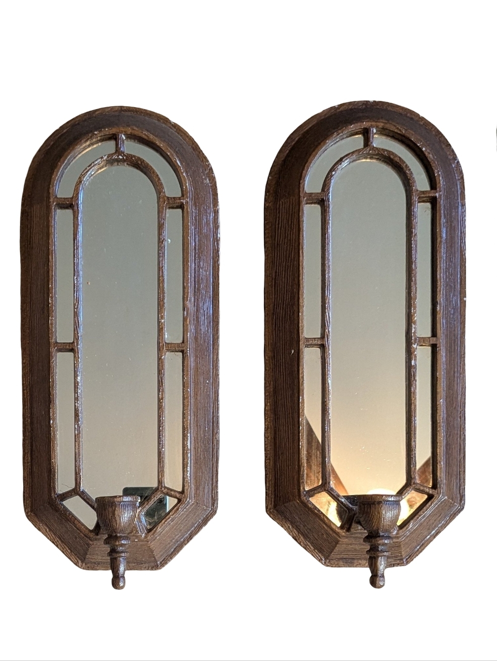 Vintage Metal Faux Wood & Paneled Mirror Wall Sconce Candle Holder Set 2 Grandma